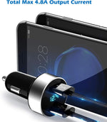2 USB Car Charger, Cigarette Lighter Adapter, 4.8A Output, 12V / 24 Volt Outlet Plug, Voltage Meter, Compatible with Iphone,Ipad, Samsung Galaxy, LG, Google, Silver