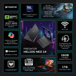 Predator Helios Neo 14.5 Inch QHD+ 120Hz Gaming Laptop Intel Core Ultra 7-155H AI PC NVIDIA Geforce RTX 4070 16GB DDR5 RAM 1TB SSD Obsidian Black (2024)