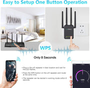 Super Wifi Extender Signal Booster, 1200Mbps Wifi Booster Wireless Internet Amplifier 360° Full Coverage, 2.4 & 5Ghz Dual Band Wifi Repeater with Ethernet/Lan Port (Black)