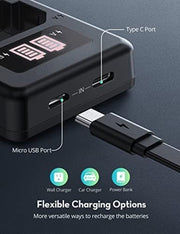 NP-FZ100 Camera Battery, Compatible for Sony A7Iii, A7R V, Alpha A7C,A7R III, A7R IV, A9/A9S,A6600,A7R3 A7S III, A7R Iii,Alpha 9/9S, 2-Pack Replacement Battery Charger Set, Type C & Micro USB Ports