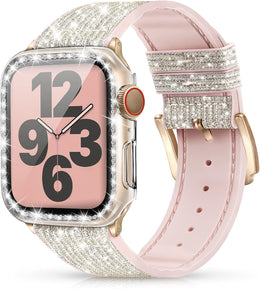 Compatible with Apple Watch Band 38Mm 40Mm 42Mm 44Mm with Case, Glitter Strap for Women, Sweatproof Genuine Leather and Silicone Band for Iwatch Series 6/5/4/3/2/1