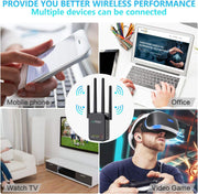 Super Wifi Extender Signal Booster, 1200Mbps Wifi Booster Wireless Internet Amplifier 360° Full Coverage, 2.4 & 5Ghz Dual Band Wifi Repeater with Ethernet/Lan Port (Black)