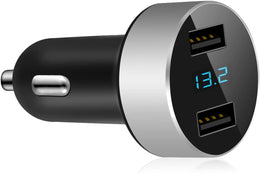 2 USB Car Charger, Cigarette Lighter Adapter, 4.8A Output, 12V / 24 Volt Outlet Plug, Voltage Meter, Compatible with Iphone,Ipad, Samsung Galaxy, LG, Google, Silver