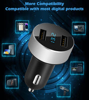 2 USB Car Charger, Cigarette Lighter Adapter, 4.8A Output, 12V / 24 Volt Outlet Plug, Voltage Meter, Compatible with Iphone,Ipad, Samsung Galaxy, LG, Google, Silver