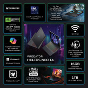Predator Helios Neo 14.5 Inch QHD+ 120Hz Gaming Laptop Intel Core Ultra 7-155H AI PC NVIDIA Geforce RTX 4070 16GB DDR5 RAM 1TB SSD Obsidian Black (2024)